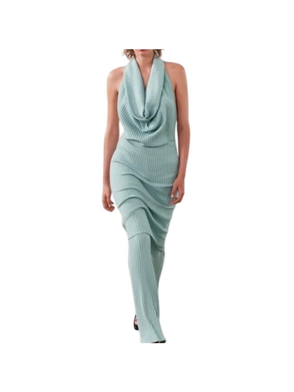 NWT: Zara Mint Green Ribbed Knit Cowl Neck Open Back Minimalist Dress Size: M